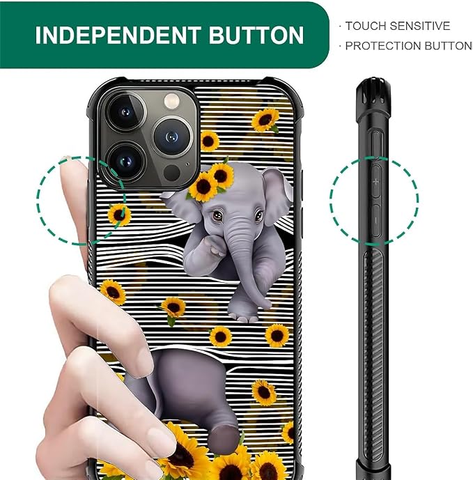 for iPhone 15 Pro Max Case, Cute Little Elephant Sunflower White Line Art - Image 4
