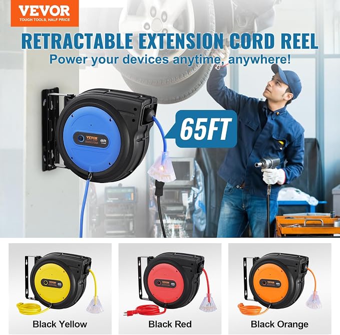 VEVOR 65FT Retractable Extension Cord Reel, 12AWG/3C SJTOW Heavy Duty Power - Image 2
