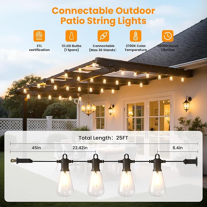 ZOTOYI Outdoor String Lights, 25FT Waterproof Patio Lights - Image 3