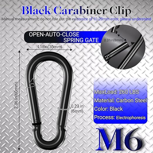 100 Pack 2.36" Spring Snap Hook Carabiners, M6 Galvanized Steel Black Small - Image 2