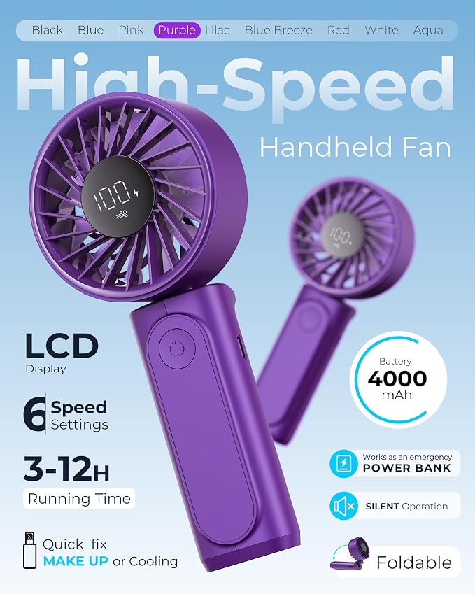 Peiyuu Portable Handheld Fan, USB Rechargeable 180° Foldable Mini Desk Fan - Image 2