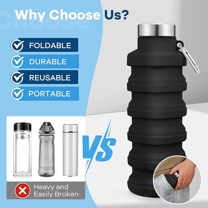 Collapsible Water Bottle, 17oz Reusable BPA Free Silicone Foldable Water Bottles - Image 3