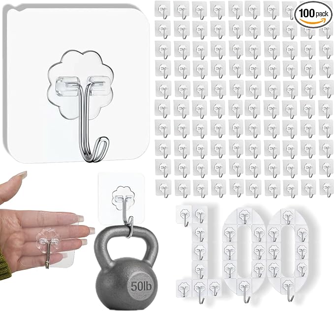 DDMY 100 Pack Heavy Duty Self Adhesive Hooks 50 lbs Transparent Reusable Sticky by DDMY