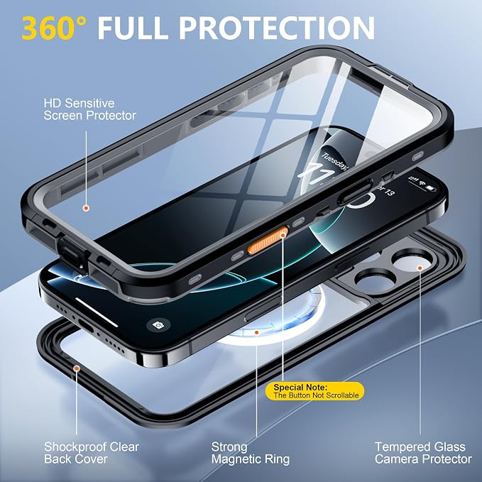 Red2Fire for iPhone 16 Pro Max Case Waterproof, Phone Case 6.9" Black/Clear - Image 4