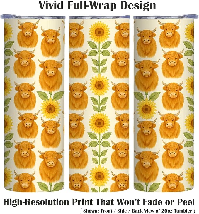Firmiso 20 oz Tumbler｜Skinny Insulated Travel Mug｜Highland Cow Sunflower - Image 2