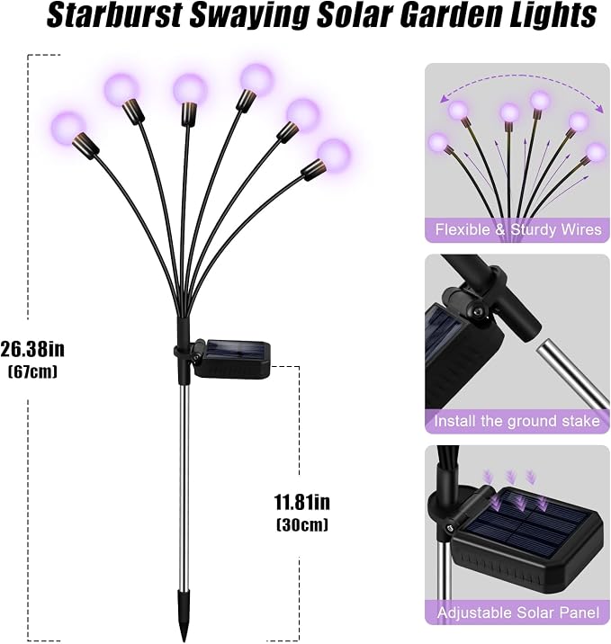 ZFNN Solar Garden Lights Outdoor, 4 Pack Firefly Swaying Lights Purple - Image 5