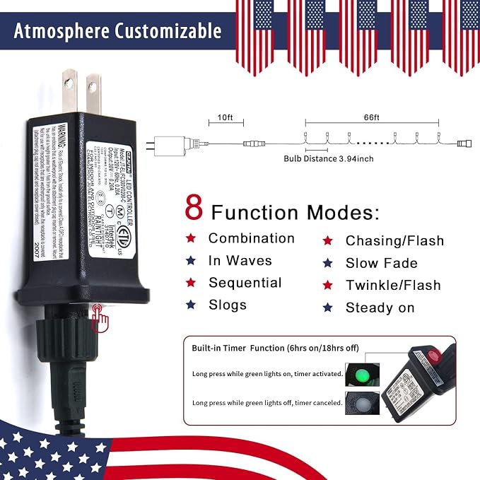 JMEXSUSS 200 LED 66ft Red White and Blue Lights Outdoor, Expandable Waterproof - Image 6