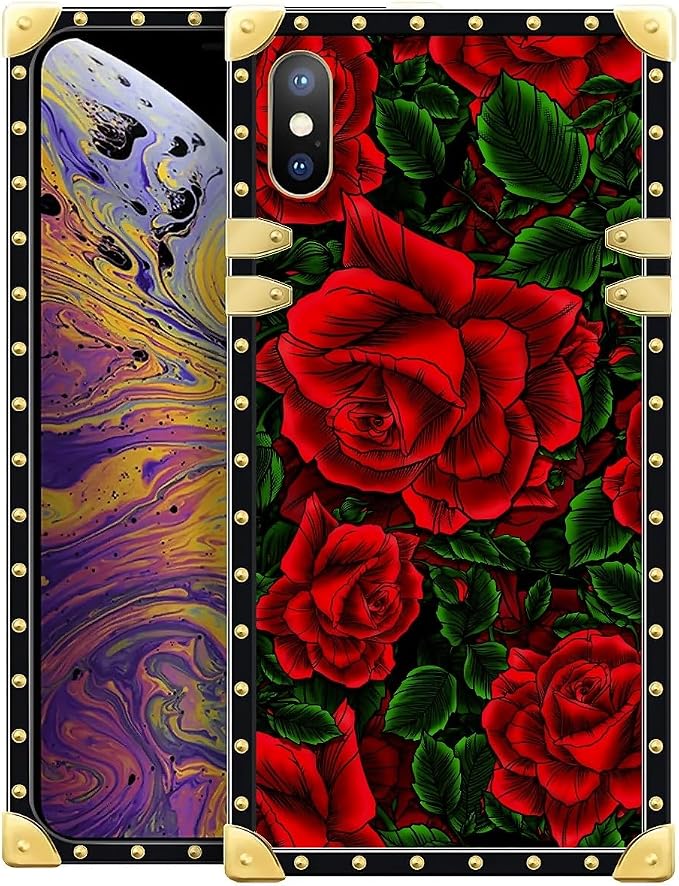 Compatible with iPhone Xs Max Case, Vector Red Rose Green Leaf Luxury Golden by Unknown