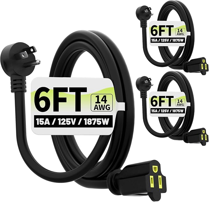 Vockjour 6 FT 3 Pack Black Low Profile Flat Plug 14 Gauge Heavy Duty Extension by Vockjour