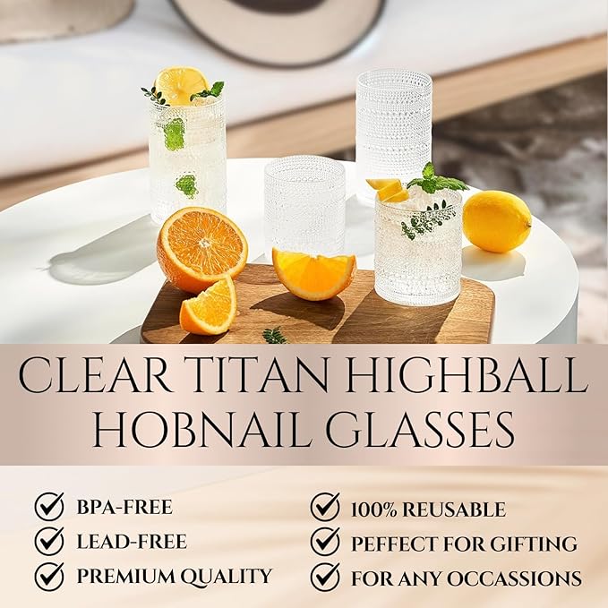 Khen Plastic Hobnail Drinking Highball Glasses Set of 6 Clear Color Cups 14oz - Image 2