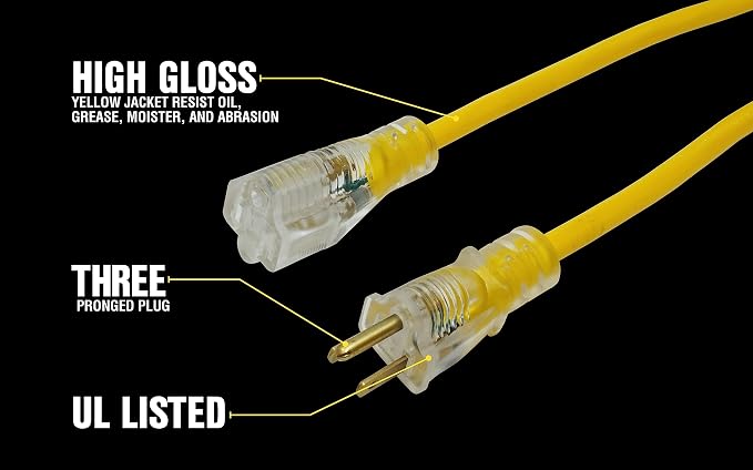 Yellow Jacket Heavy Duty Extension Cord, 12 Gauge, 3 Conductor, Lighted End - Image 4