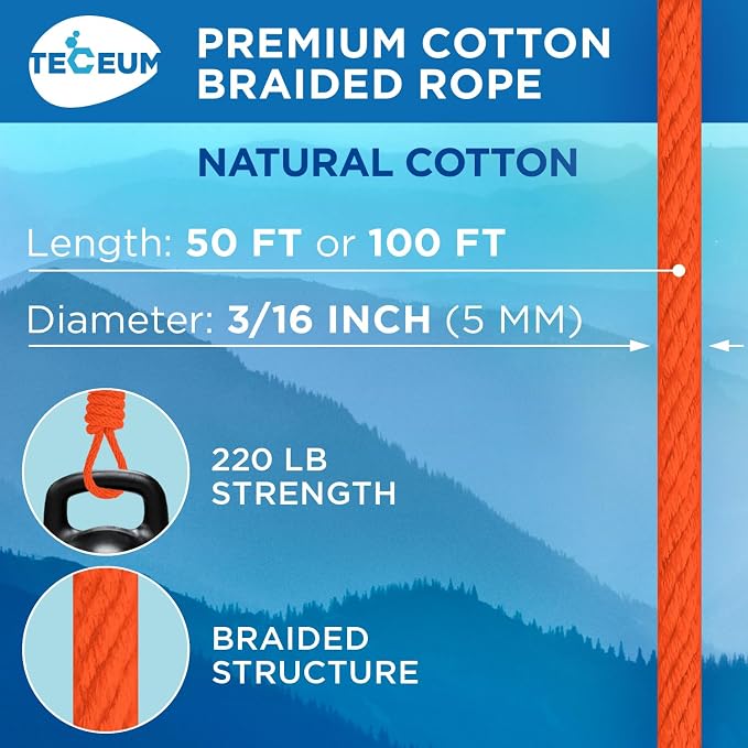 TECEUM Cotton Rope 3/16” – 100 FT – Strong All-Purpose Braided Rope – Natural - Image 2