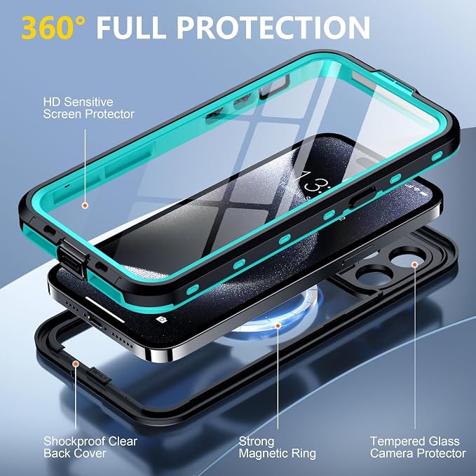 Red2Fire for iPhone 15 Pro Case Waterproof, Phone Case 6.1" Blue/Clear - Image 5
