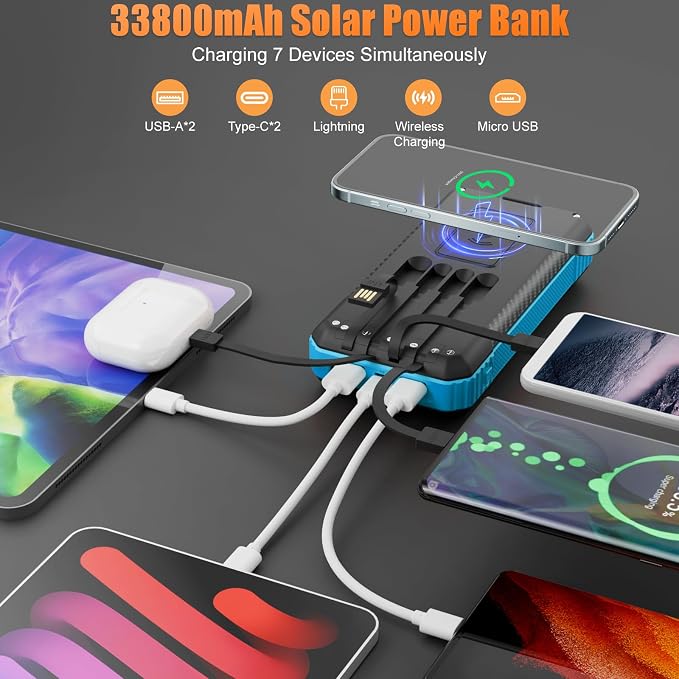 Solar Power Bank 33800mAh with Super Bright LED Flashlight, Built-in 4 Cables & - Image 2