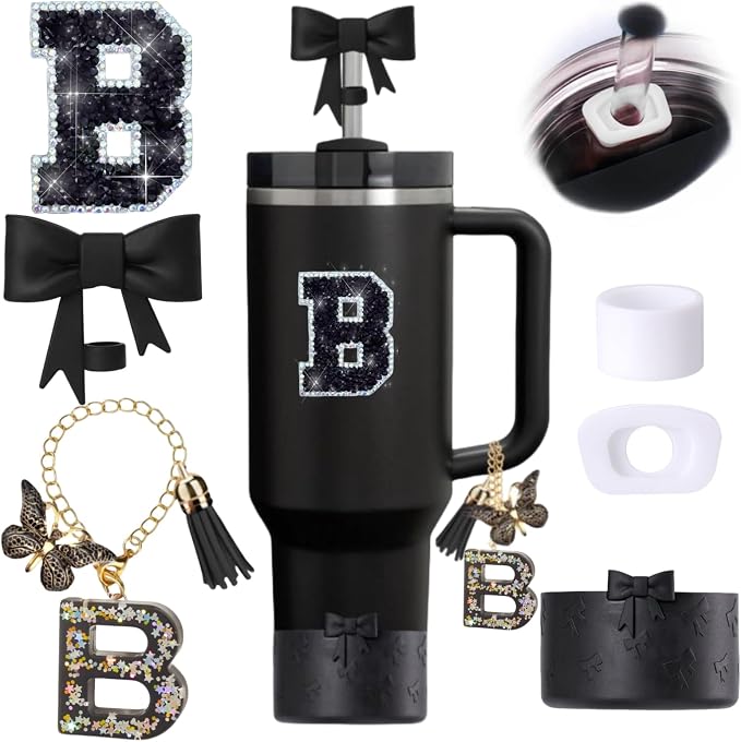 6pcs Black Stanley Cup Accessories Set, Bow Straw Topper by MOTEERLLU