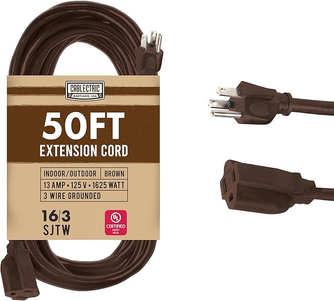Brown Outdoor Extension Cord 50 ft, 16/3 Heavy Duty Cable by Cablectric