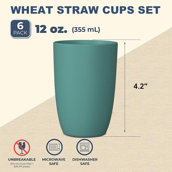 Wheat Straw Cups 6 PCS Good Alternative to Plastic Reusable Cups 12 oz - Image 2