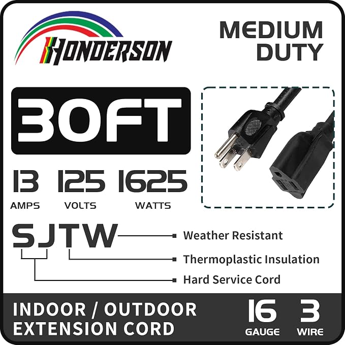 30FT Outdoor Extension Cord-16/3 SJTW Durable Black Extension Cord - Image 2