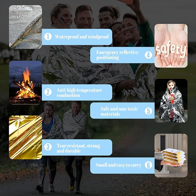 Emergency Mylar Blanket 5-Pack, Thermal Survival Blankets, Reflective Foil - Image 4