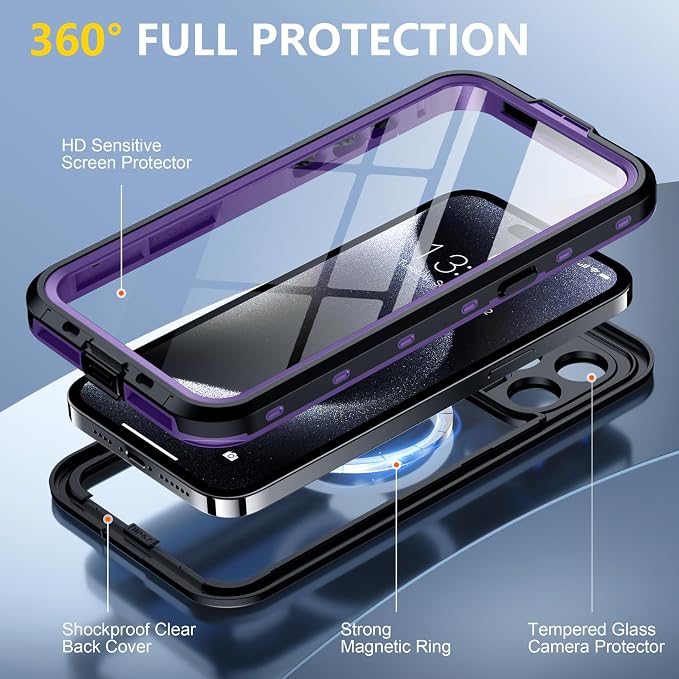 Red2Fire for iPhone 15 Pro Case Waterproof, Phone Case 6.1" Purple/Clear - Image 5