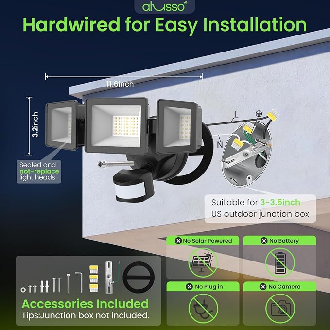 ALUSSO Motion Sensor Outdoor Lights Hardwired, Flood Lights Outdoor 120V - Image 2