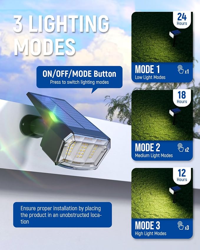 AUDERWIN Solar spotlights Outdoor 63 LED 3 Lighting Modes, IP65 Waterproof - Image 4