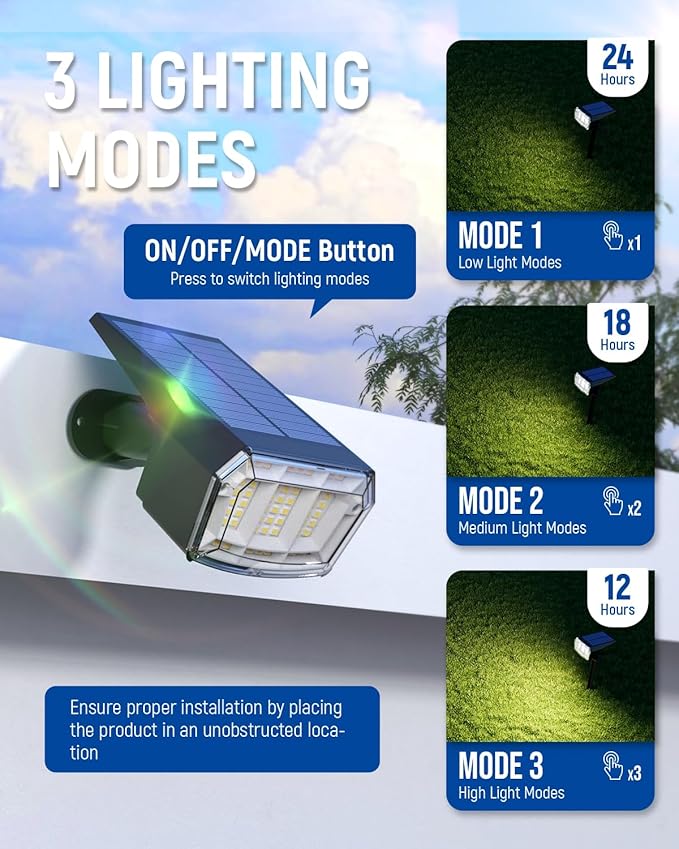 AUDERWIN Solar spotlights Outdoor 63 LED 3 Lighting Modes, IP65 Waterproof - Image 2