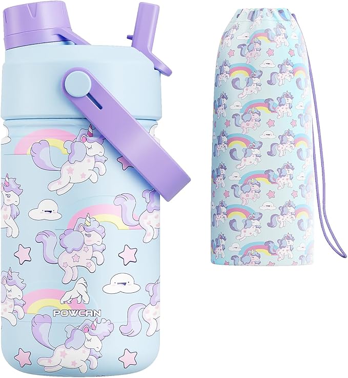 12 oz Kids Stainless Steel Water Bottle: 2-in-1 Straw Spout Lid, Easy Clean by POWCAN