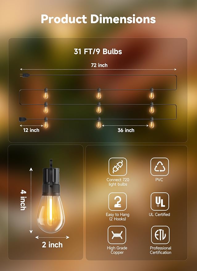 Minetom 31FT Outdoor String LED Patio Lights Waterproof, 9 Shatterproof S14 - Image 8