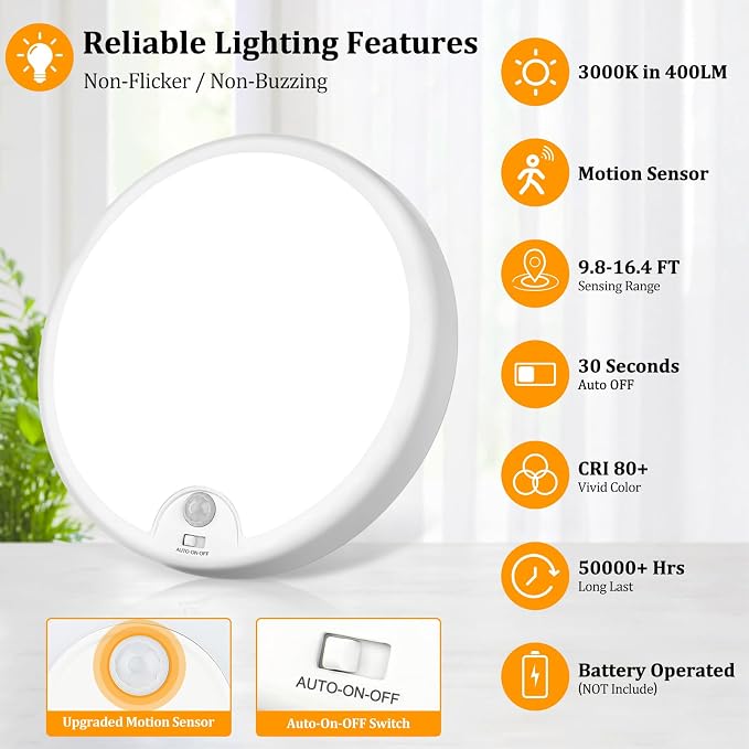 2-Pack Battery Operated Motion Sensor LED Ceiling Lights Indoor, Wireless Flush - Image 4