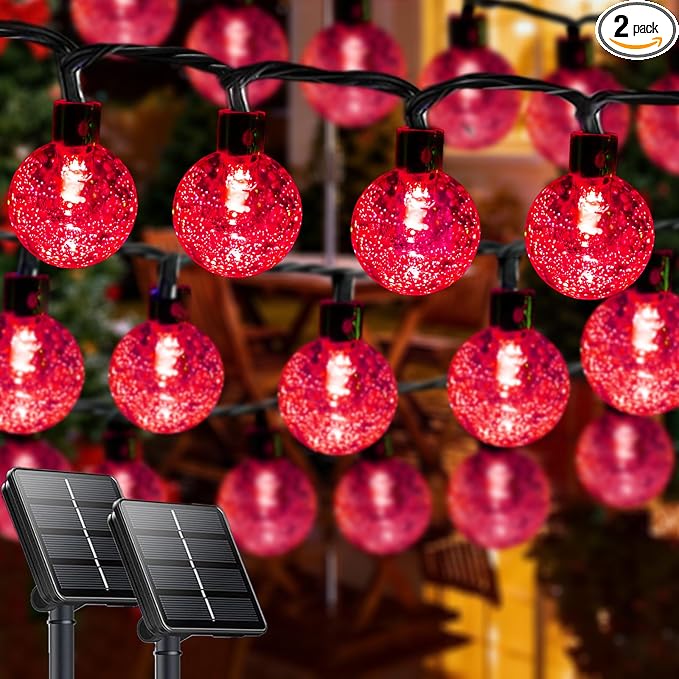 2-Pack 100 LED Red Solar String Lights Outdoor - 64FT Crystal Globe Waterproof by LORRYTE