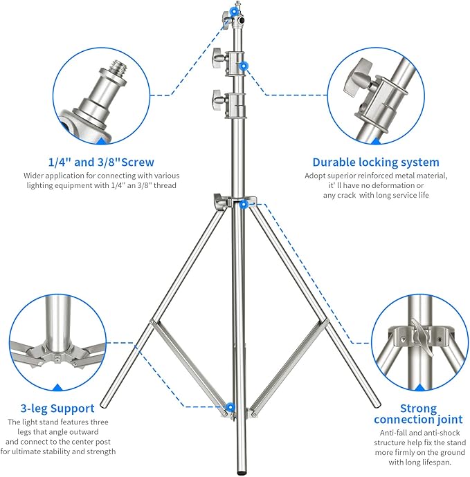 Neewer 118"/3m Stainless Steel Light Stand, Spring Cushioned Heavy Duty - Image 3