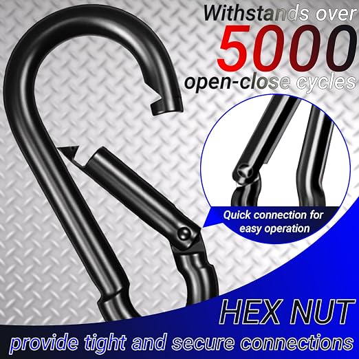 12 Pack 3.9" Heavy Duty Carabiner Clips, M10 Black Galvanized Steel Spring Snap - Image 3