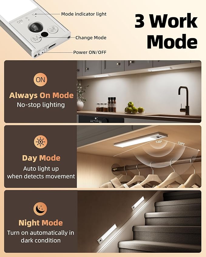 EZVALO 12inch Under Cabinet Lighting, LED Motion Sensor Light Indoor, 3100mAh - Image 5