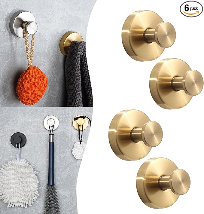 4 Pack Gold Stainless Steel Suction Cup Hooks, No Drill, Front Door by Tanngronie