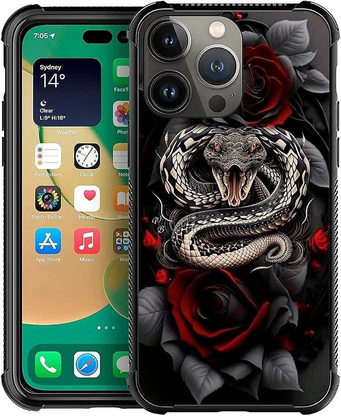 for iPhone 13 Pro Max Case, Entwined Rose Snake Pattern Graphic Design Girl Boy by FKBRCL4U