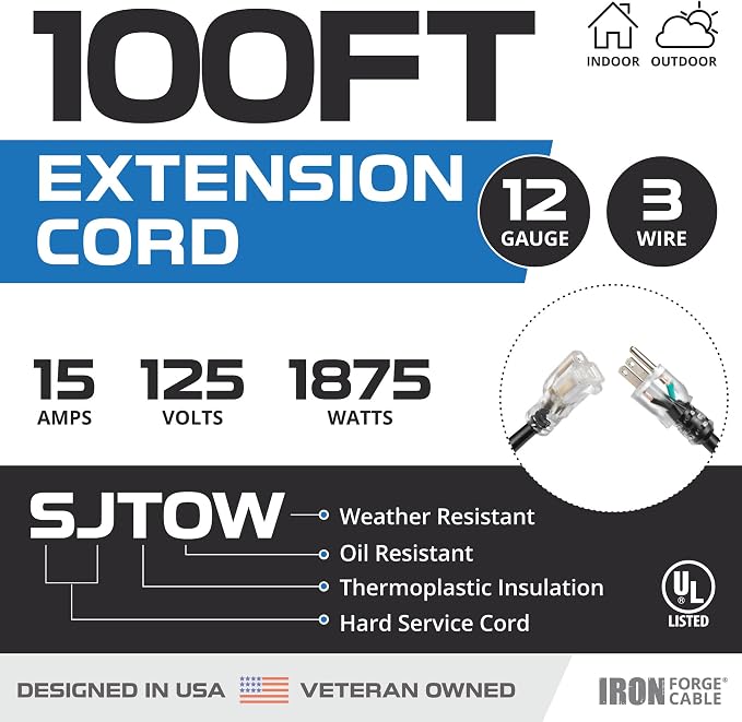 Iron Forge Cable 12 Gauge Outdoor Extension Cord 100 Ft, SJTOW 12/3 Heavy Duty - Image 2