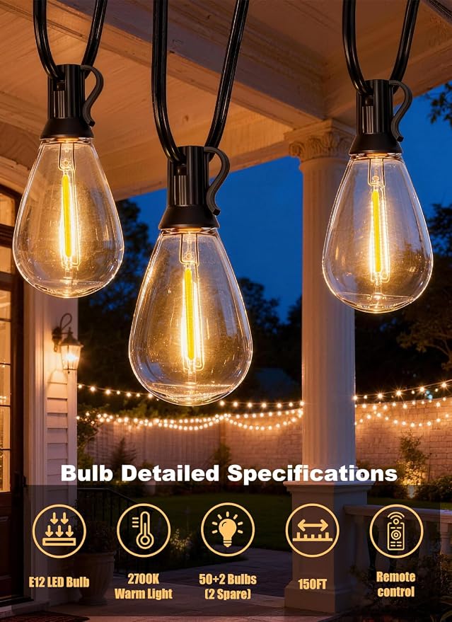 150FT Outdoor String Lights Waterproof, 50+2 Shatterproof S11 LED Bulbs - Image 3