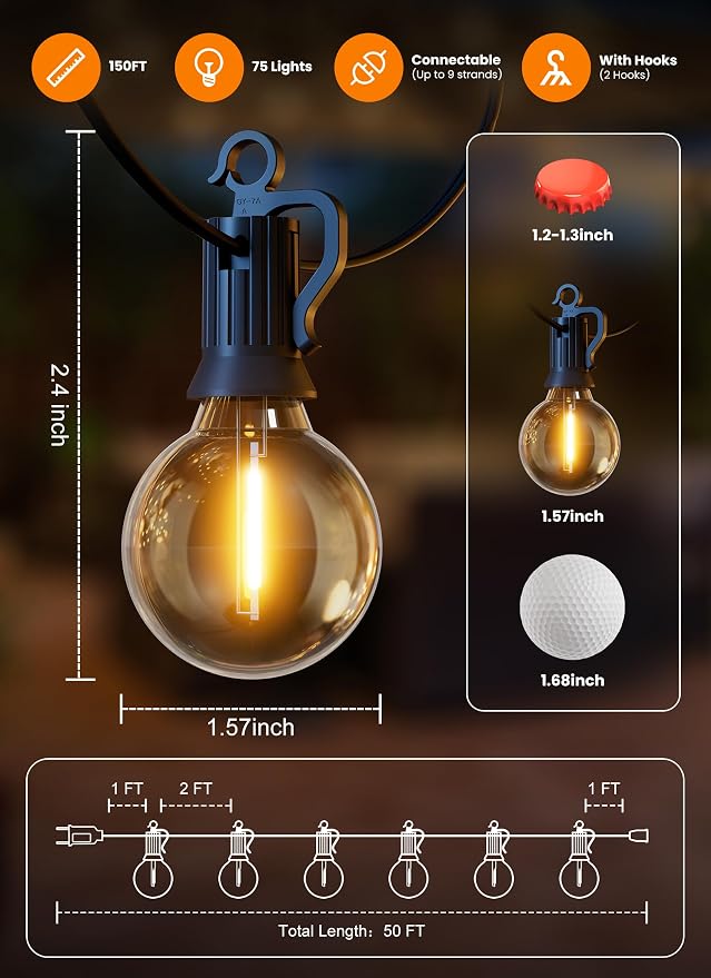 Outdoor String Patio Lights, 150FT 75 LED Patio Lights Waterproof, Connectable - Image 7