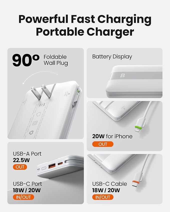 Fast Charging Power Bank, USB C Portable Charger Built-in Cables and Wall Plug - Image 2