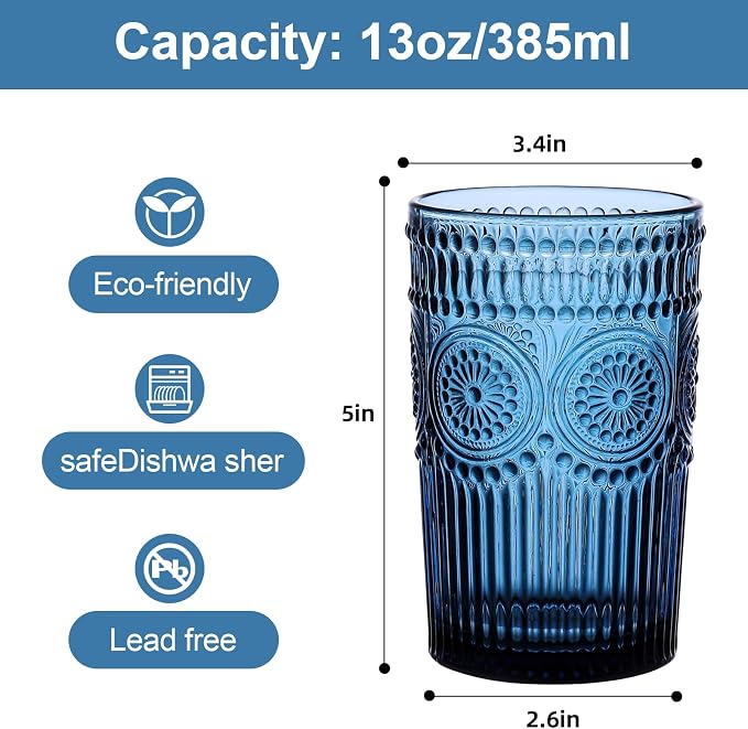 ZMOWIPDL Vintage Glassware Drinking Glasses Set of 6, 13 oz Blue Textured - Image 2