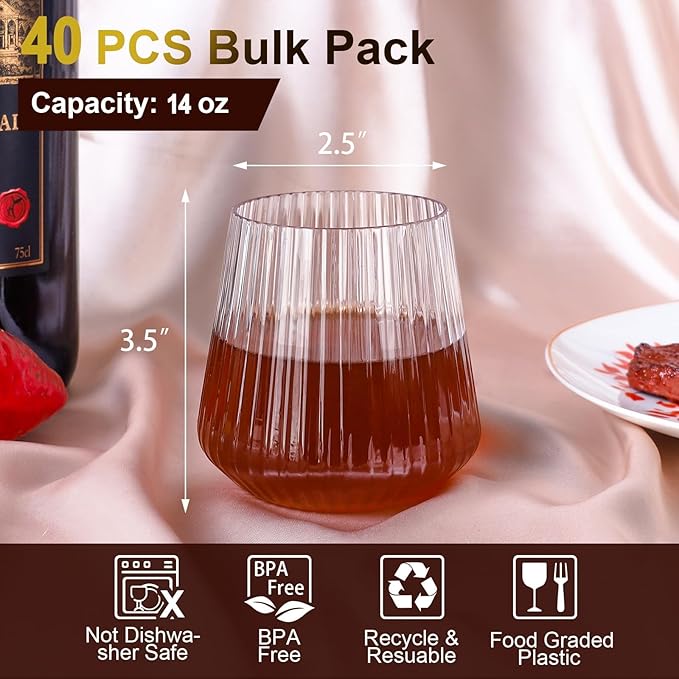 Lueumxc 40 Pack Plastic Ribbed Wine Glasses, 14Oz Origami Disposable Wine - Image 2
