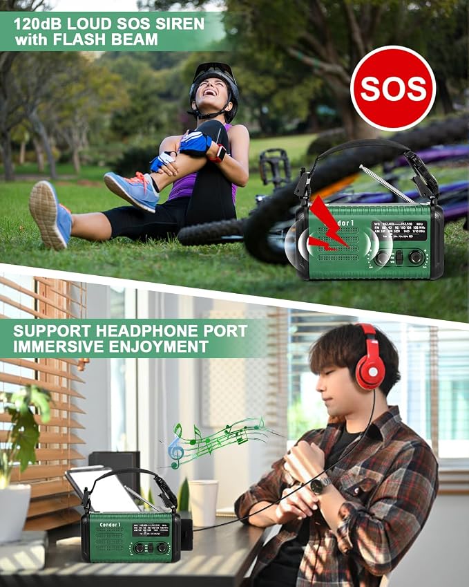 Emergency Crank Radio, 20000mAh / 74000mWh Solar Hand Crank Weather Radio - Image 7