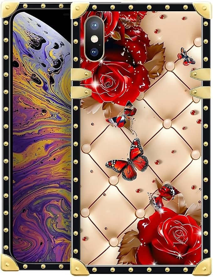 Compatible with iPhone XR Case, Shining Red Rose Butterfly Leather Background by Unknown
