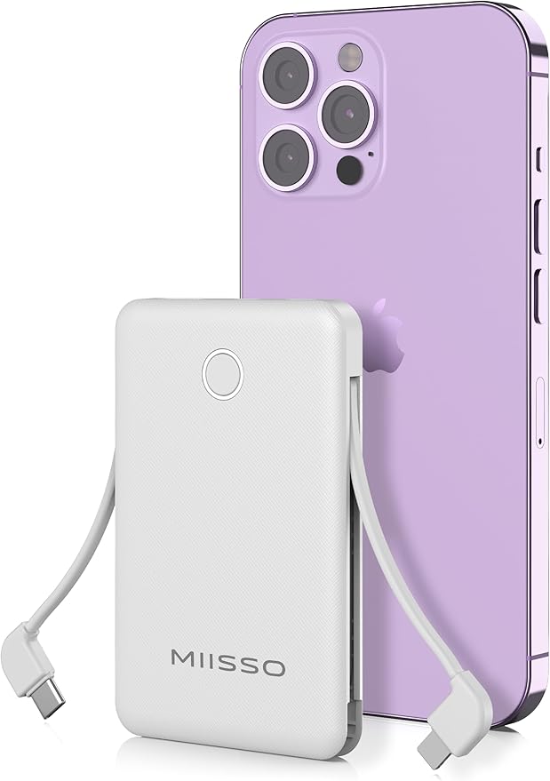miisso 6000mah Ultra Slim Built in Cables Power Bank, Card Size Built in USB C by MIISSO