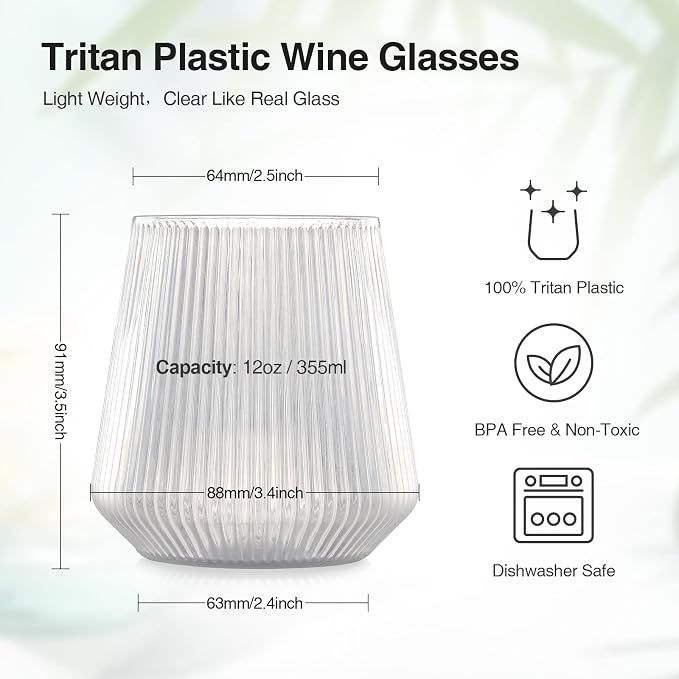 hotder Stemless Wine Glasses Set of 4, 12 oz Tritan Unbreakable, Vertical Design - Image 2