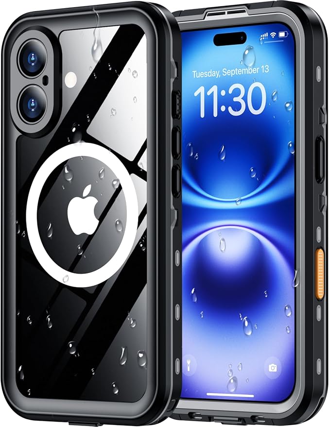 Red2Fire for iPhone 16 Case Waterproof, Phone Case 6.1" Black/Clear by Red2Fire
