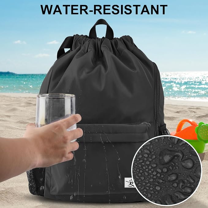 Drawstring Backpack with Mesh Pockets String Gym Bag Sackpack Sandproof Water - Image 3