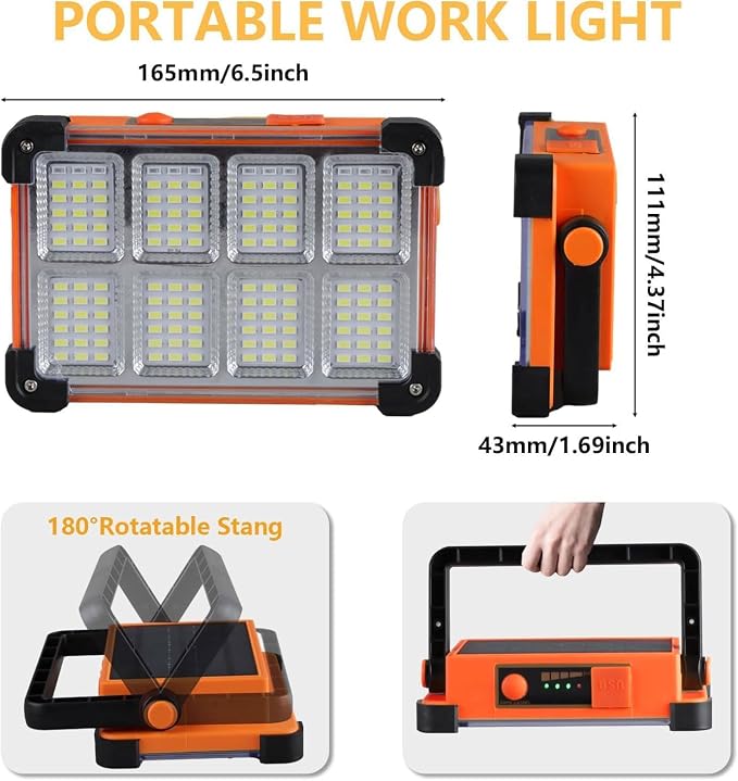 120W Solar Rechargeable Work Light, 144 LED 10000LM Portable Flood Light - Image 3