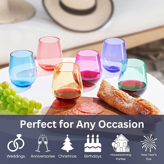 European Style Plastic Crystal Unbreakable Stemless Wine Glasses | Set of 12 | - Image 2